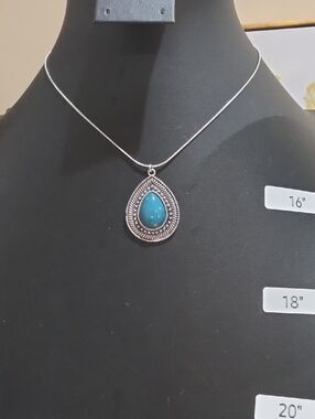 Turquoise Teardrop Pendant Necklace - Silver Tone